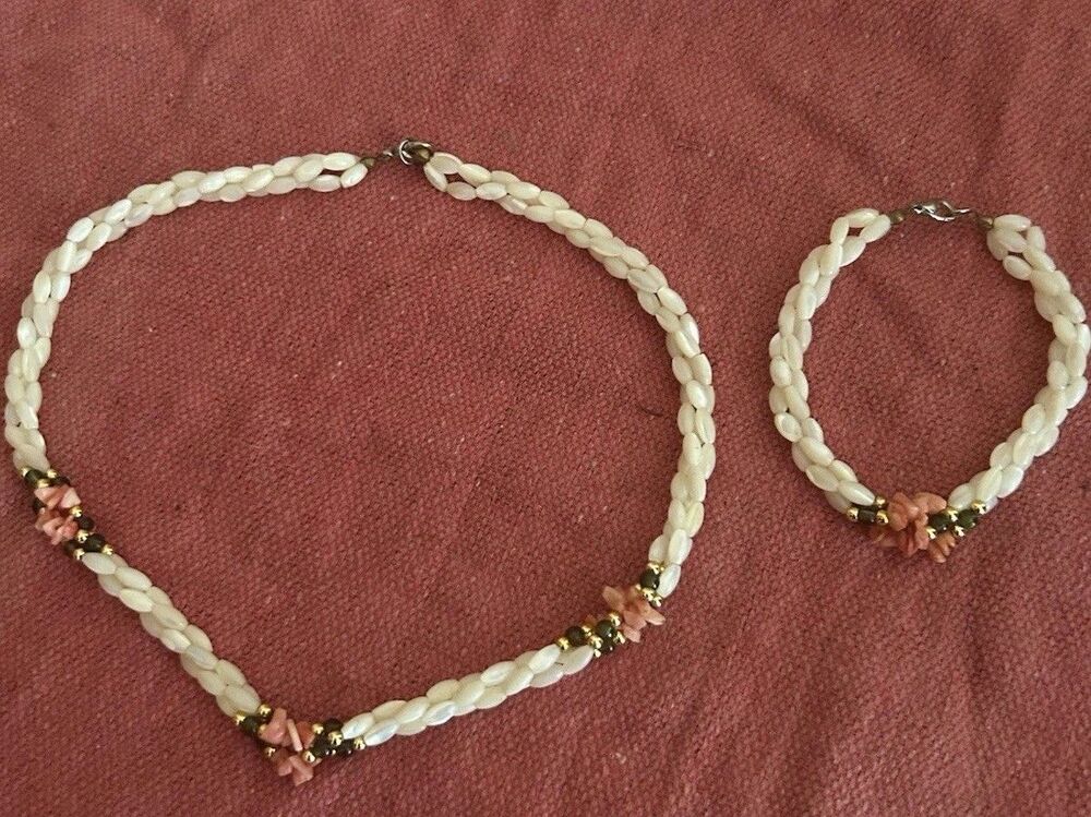 Vintage Rice Pearl Beaded Necklace 17” & Bracelet 7”Coral Green Gold Accent